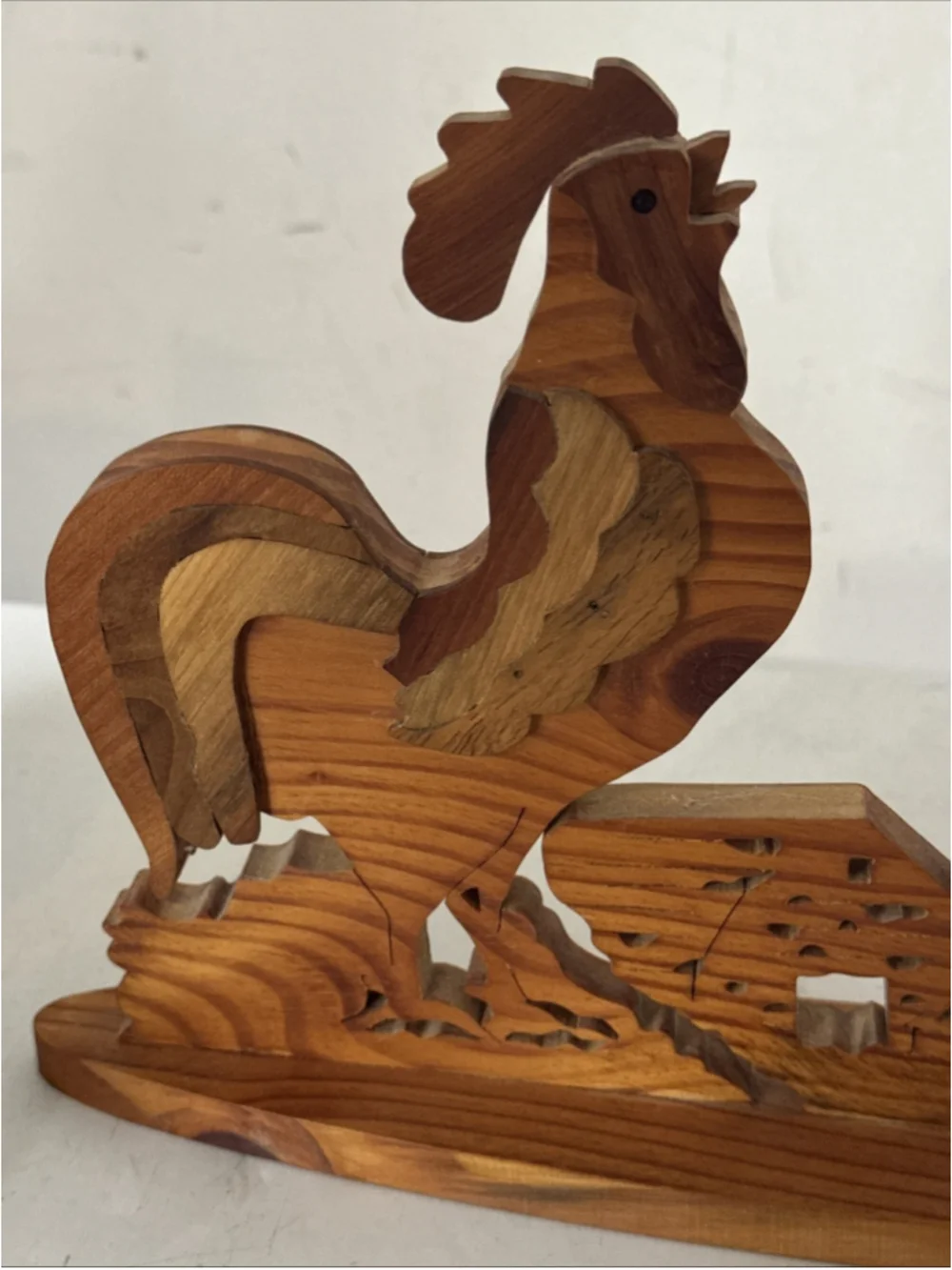 Vintage Lazer Carved Wooden Rooster Clock Intricate Design Handmade 14” Unique